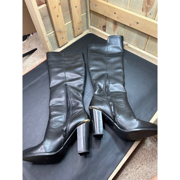 Aldo Black Faux Leather Knee-High Boots Size 8 With Chunky Heel & Side Zipper - Picture 8 of 11